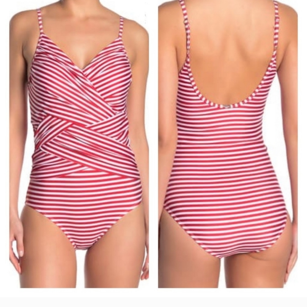 New Nicole Miller Criss Cross Red White Stripe 1pc Swimsuit Medium